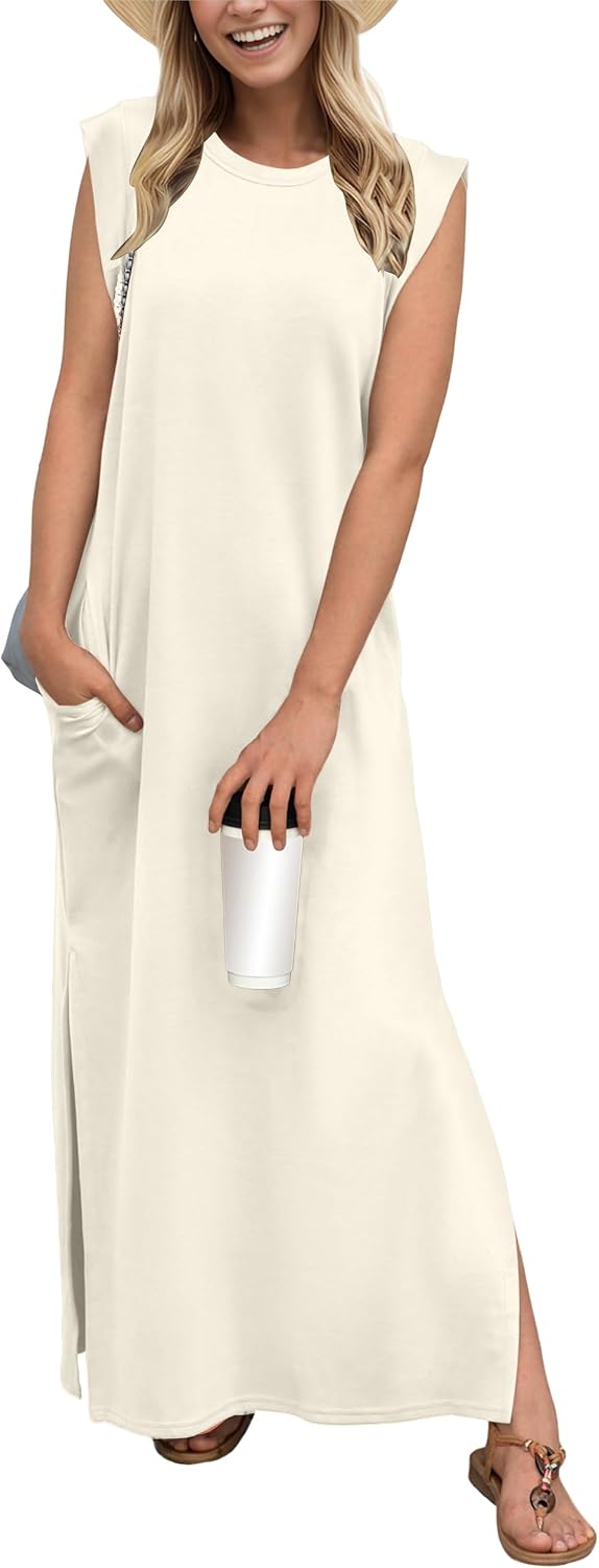 Coralie Women's Sleeveless Maxi Dress with Side Slit, Pockets & Wrinkle-Resistant Fabric