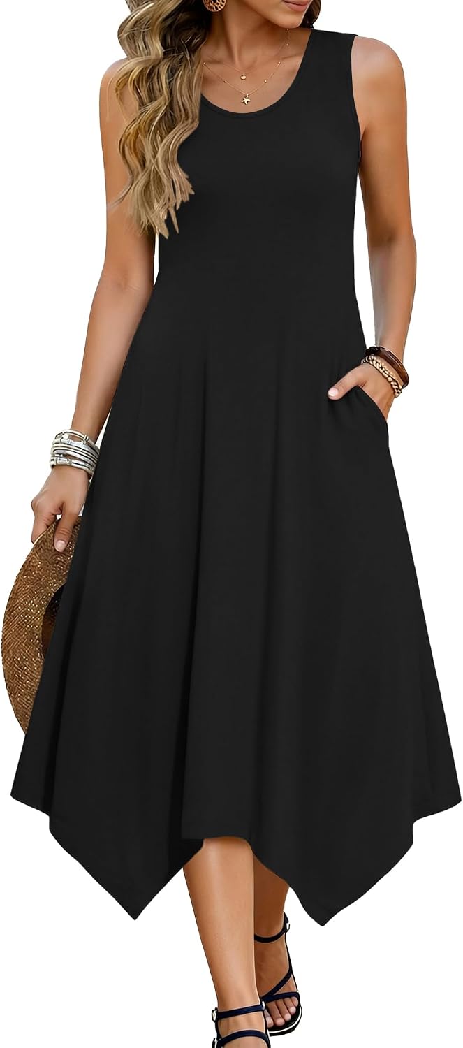 Avelisse Women's Bohemian Floral Handkerchief Midi Dress with Pockets