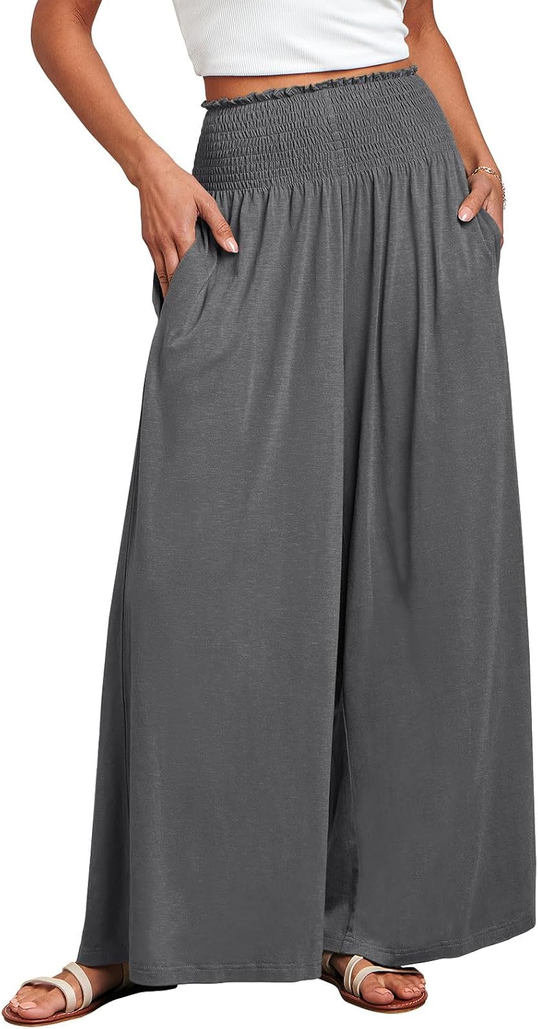 Fatima - Smocked High Waist Wide Leg Palazzo Pants with Pockets and Relaxed Fit