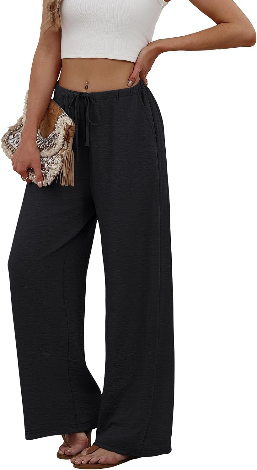 Lualhati - Flowy Wide Leg Palazzo Pants with Drawstring Waist and Side Pockets