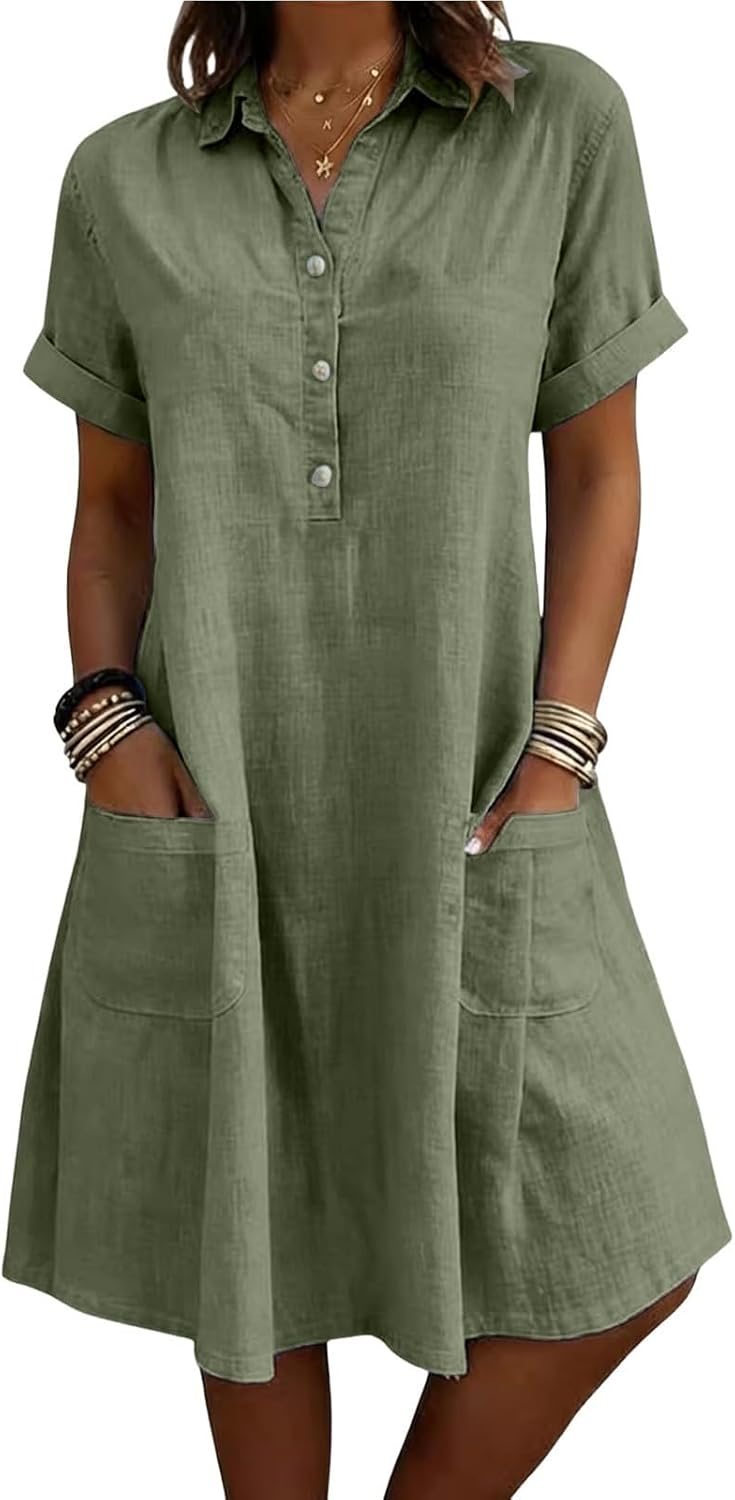 Evelina Linen Blend Shirt Dress – Short Sleeve Midi Dress with Pockets