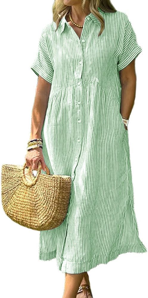 Corinne Women's Striped Button-Down Shirt Midi Dress with Short Sleeves & A-Line Fit