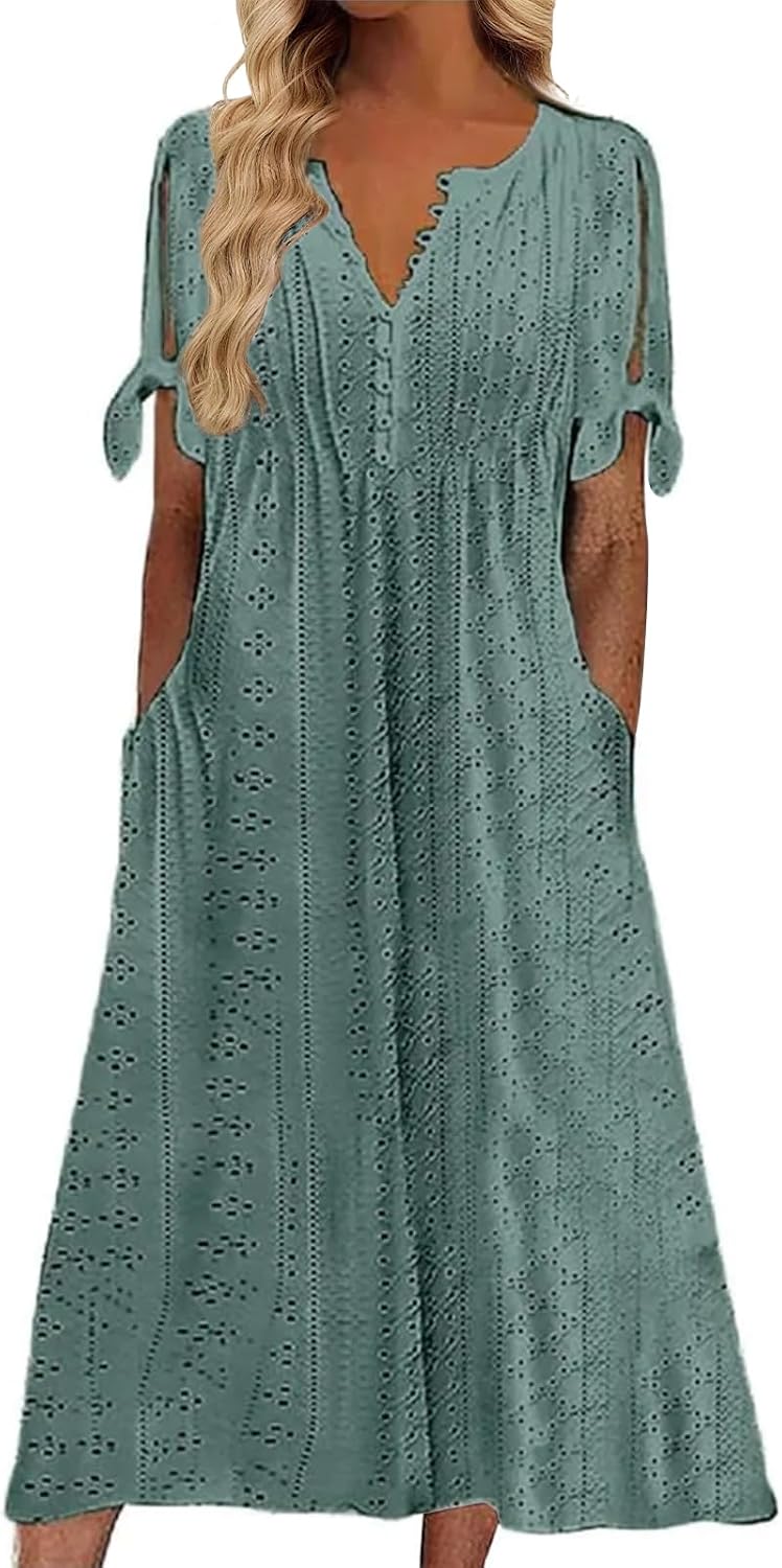 Maren Women's Eyelet V-Neck Maxi Dress with Tie Sleeves and Pockets