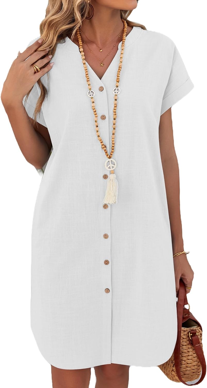 Isolde Cotton Linen Summer Shirt Dress with Short Sleeves, Buttons and Pockets
