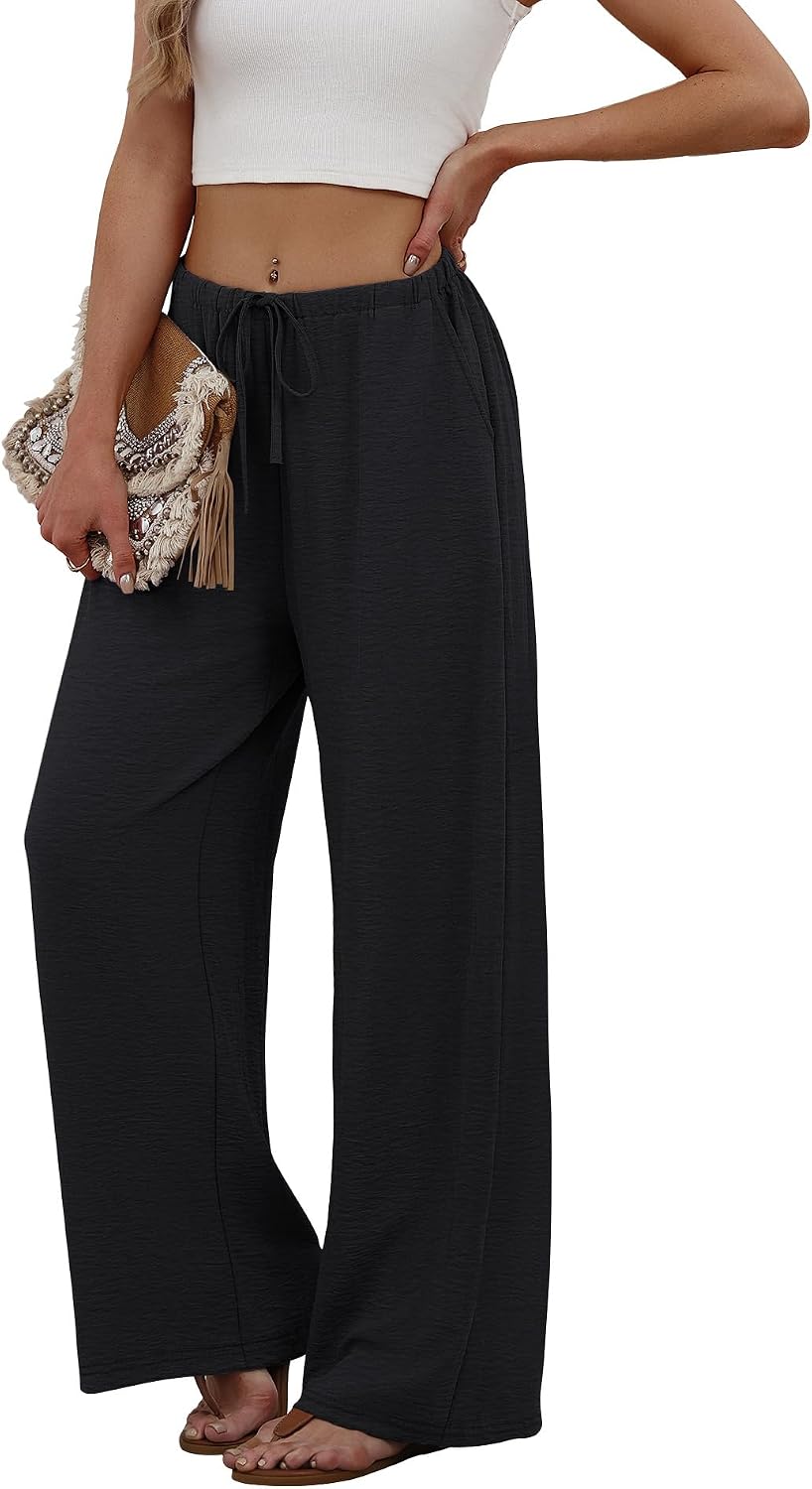 Eliska Wide Leg Drawstring Summer Trousers with Elastic Waist and Side Pockets
