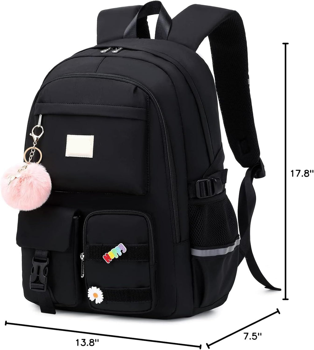 Lucia Large Black Laptop Backpack for College with Pom-Pom Charm and Luggage Strap