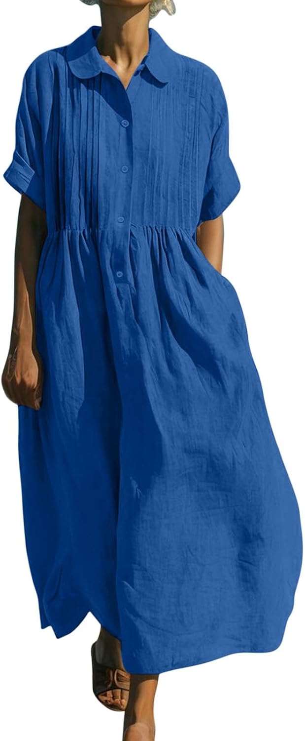 Emelina Cotton Linen Blend Button Front Maxi Dress with Short Sleeves and Pockets