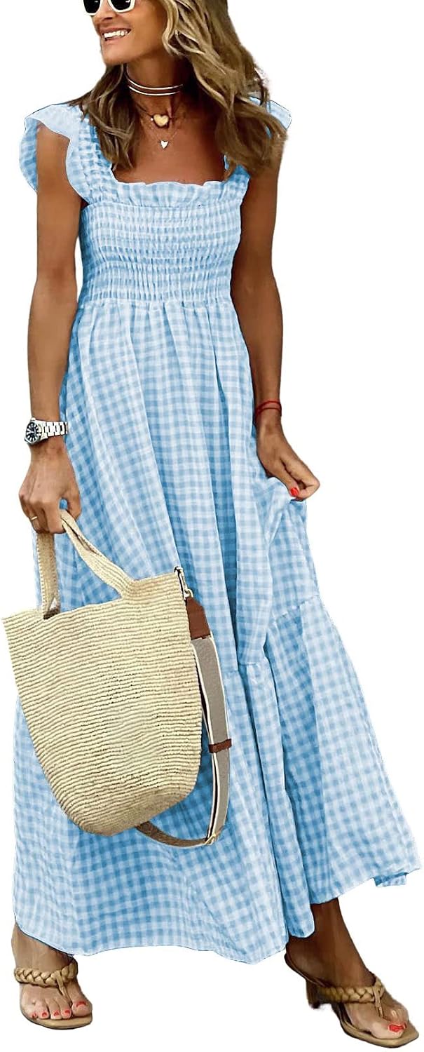 Genevieve Women's Plaid Smocked Midi Dress with Ruffle Straps, Square Neck & Pockets