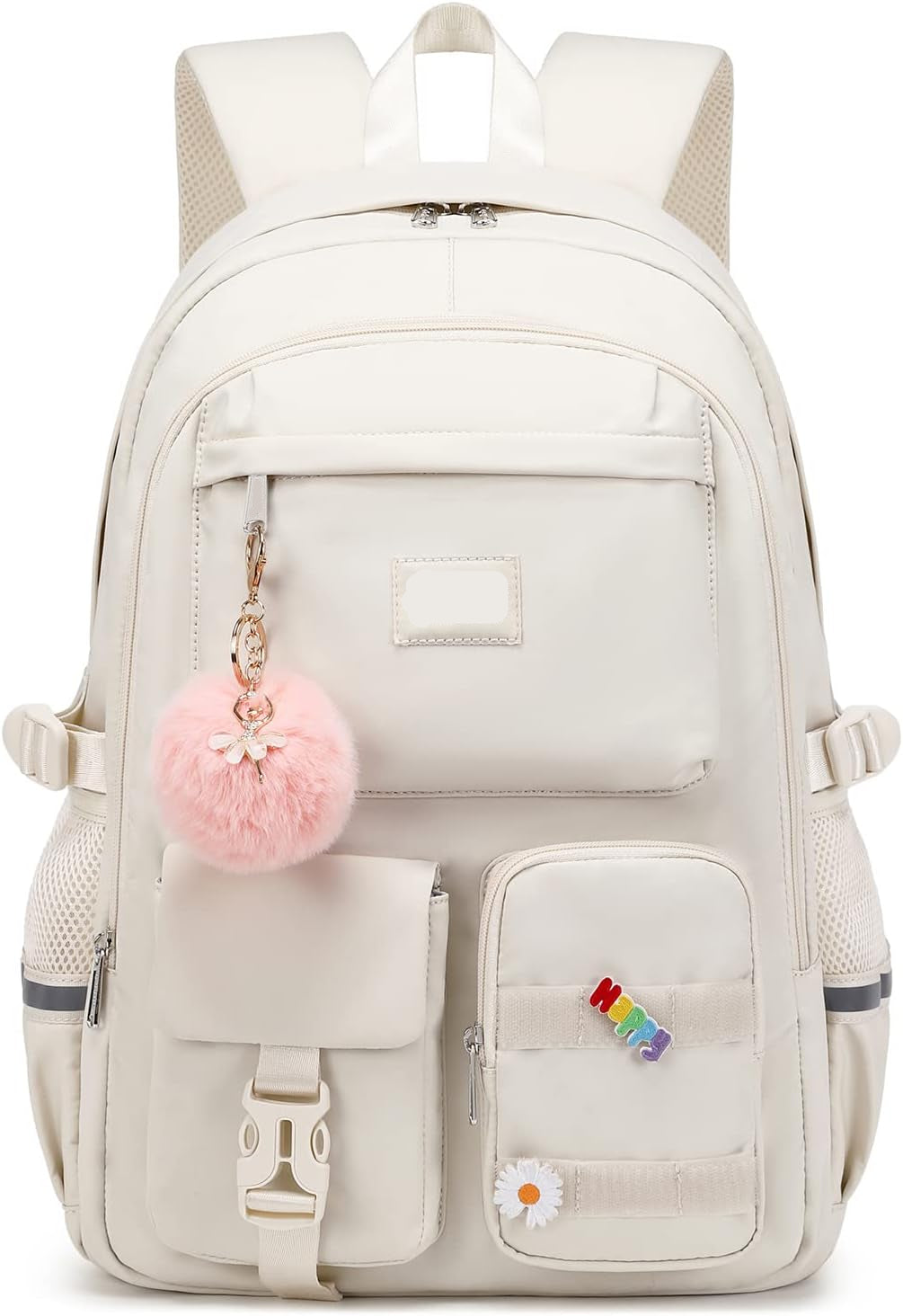Lucia Large Black Laptop Backpack for College with Pom-Pom Charm and Luggage Strap