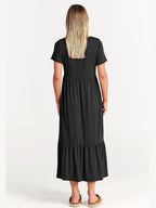 Brielle Women's Tiered Maxi Dress with Short Sleeves, Crew Neck & Side Pockets