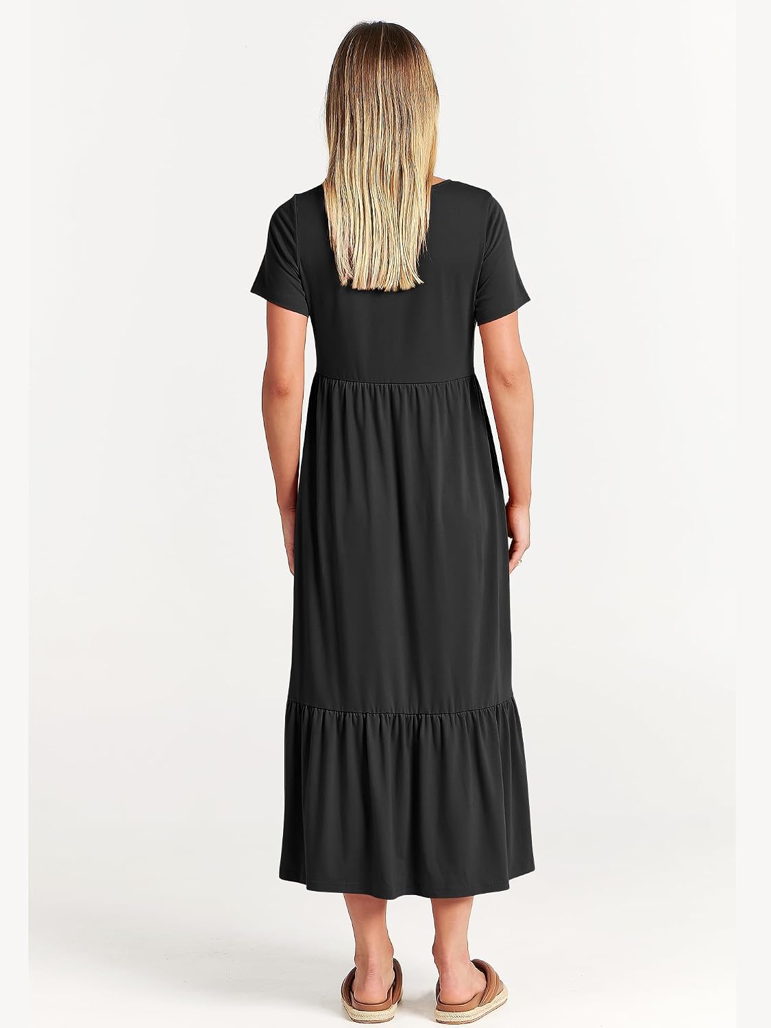 Brielle Women's Tiered Maxi Dress with Short Sleeves, Crew Neck & Side Pockets