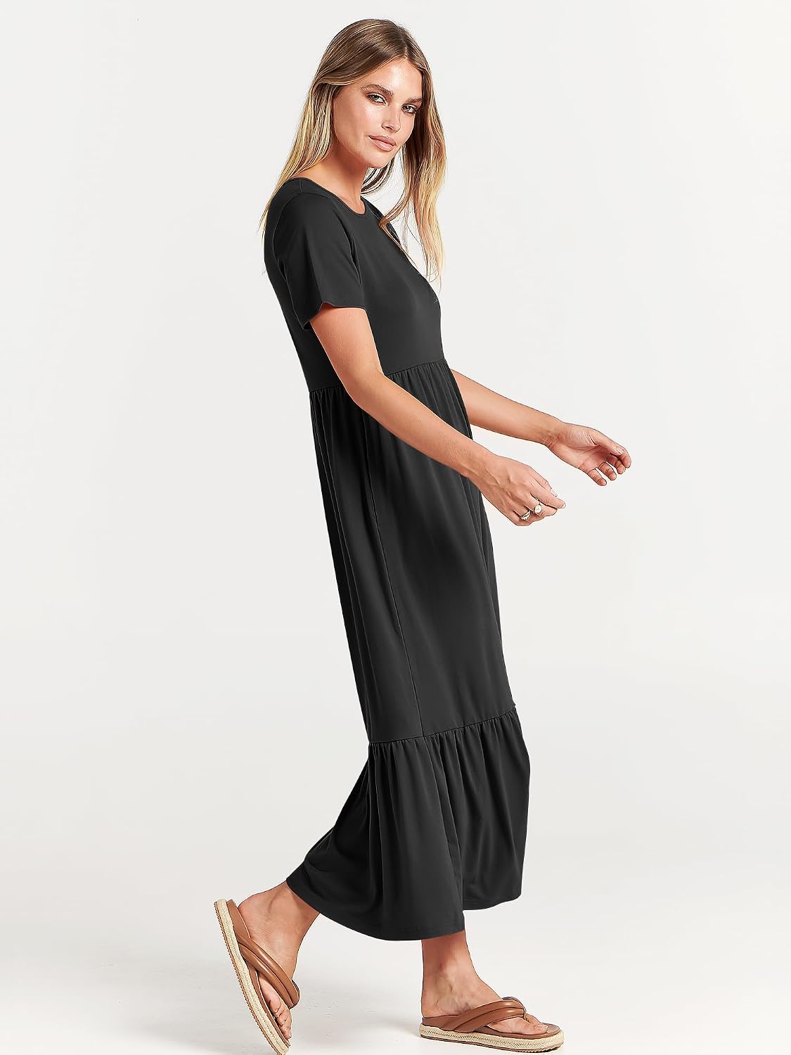 Brielle Women's Tiered Maxi Dress with Short Sleeves, Crew Neck & Side Pockets