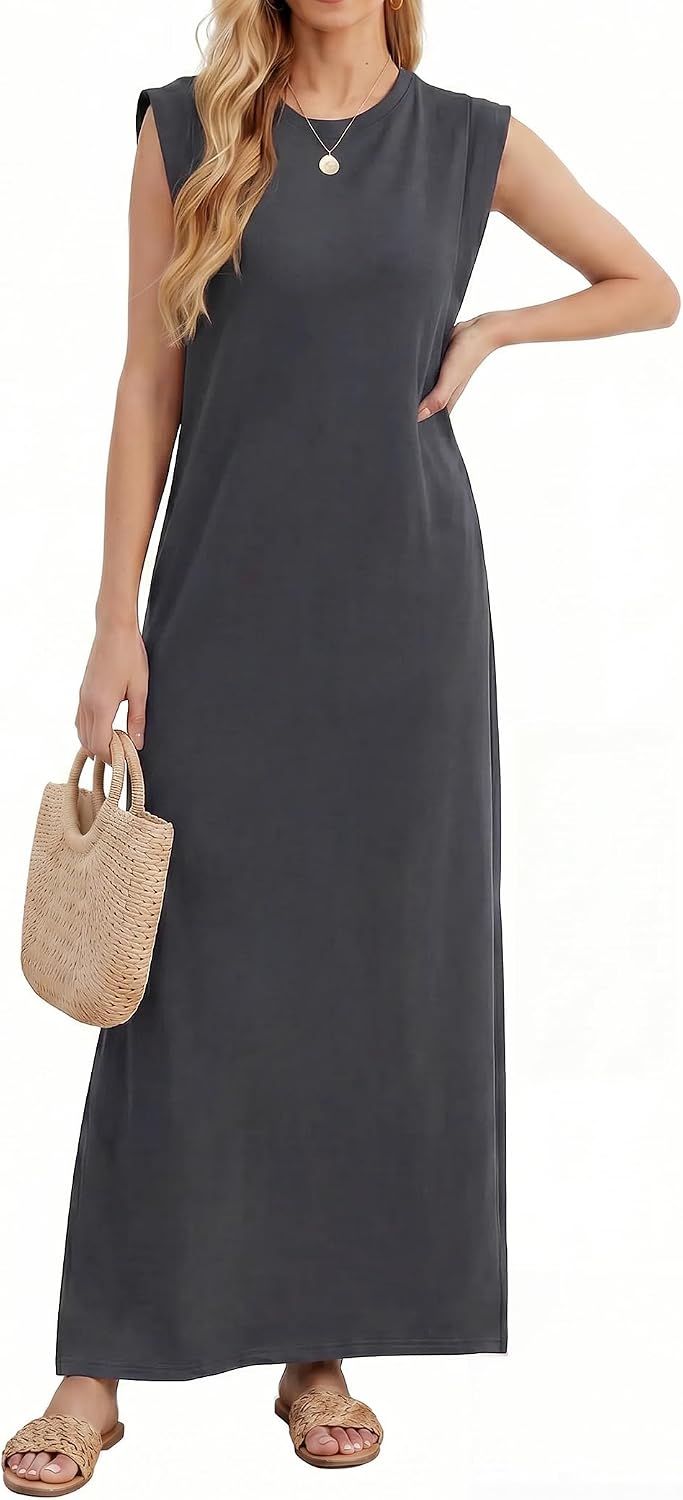 Milena Women's Sleeveless Maxi Tank Dress with Side Slit & Pockets
