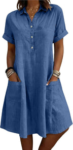 Evelina Linen Blend Shirt Dress – Short Sleeve Midi Dress with Pockets