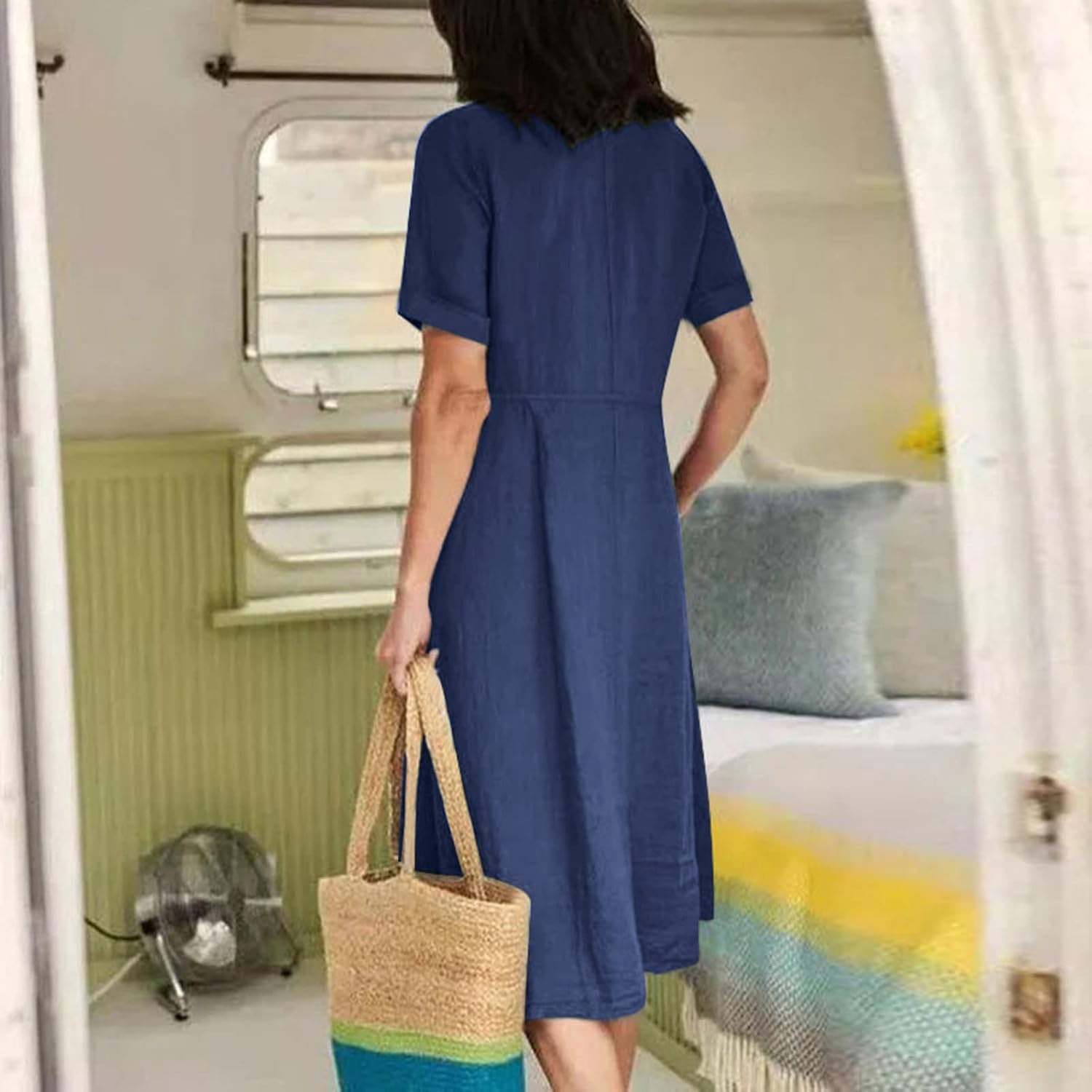 Althea Cotton Linen Blend Button Front Midi Dress with V-Neck and Side Pockets