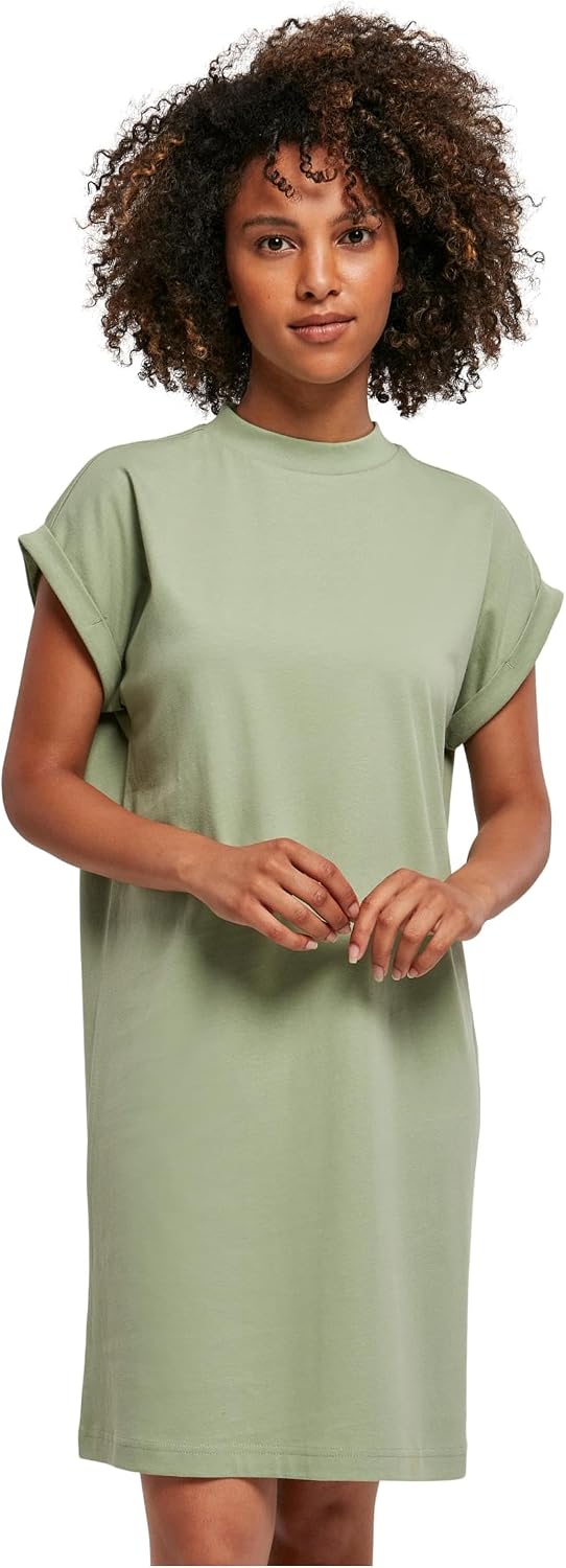 Ysabelle Cotton Drop Shoulder Mini Dress with Mock Neck and Rolled Sleeves Casual Style