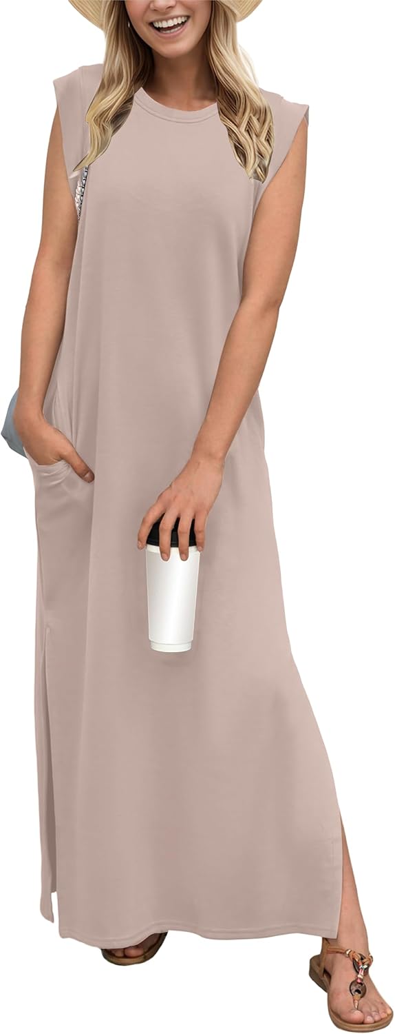 Coralie Women's Sleeveless Maxi Dress with Side Slit, Pockets & Wrinkle-Resistant Fabric