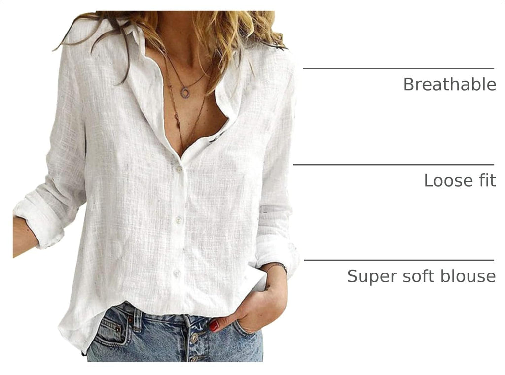 Astrid Linen Blend Roll-Up Sleeve Button-Down V-Neck Casual Women's Everyday Blouse