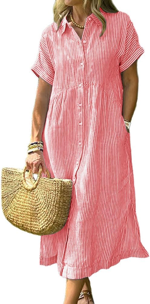 Corinne Women's Striped Button-Down Shirt Midi Dress with Short Sleeves & A-Line Fit