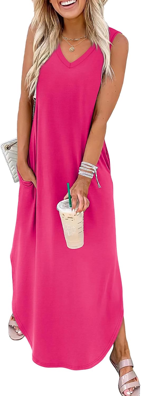 Mayumi Sleeveless V-Neck Maxi Sundress with Side Slit Pockets for Summer Beach Holidays