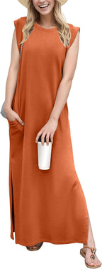 Coralie Women's Sleeveless Maxi Dress with Side Slit, Pockets & Wrinkle-Resistant Fabric
