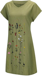Mireille Floral Print Linen Blend T-Shirt Dress – V-Neck Short Sleeve Mini