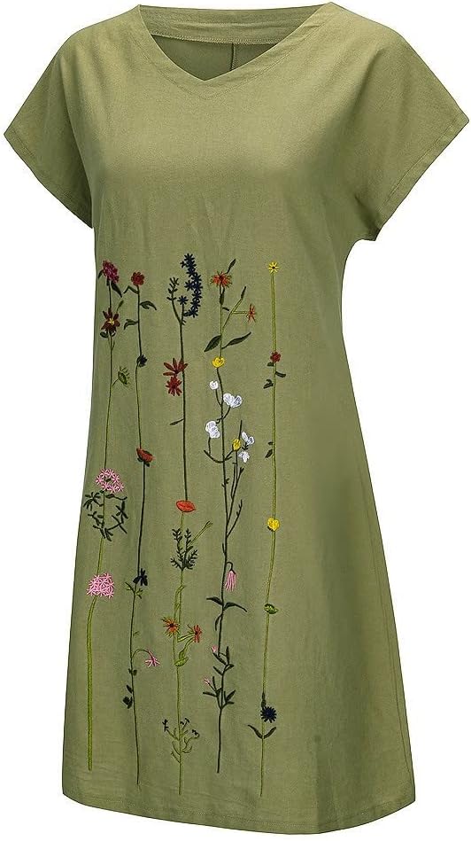Mireille Floral Print Linen Blend T-Shirt Dress – V-Neck Short Sleeve Mini