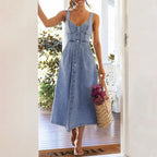 Delphine Women's Sleeveless Button-Front Denim Midi Dress with Smocked Back & A-Line Skirt