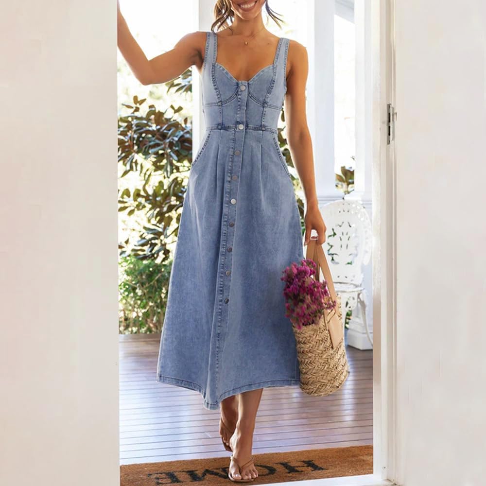 Delphine Women's Sleeveless Button-Front Denim Midi Dress with Smocked Back & A-Line Skirt