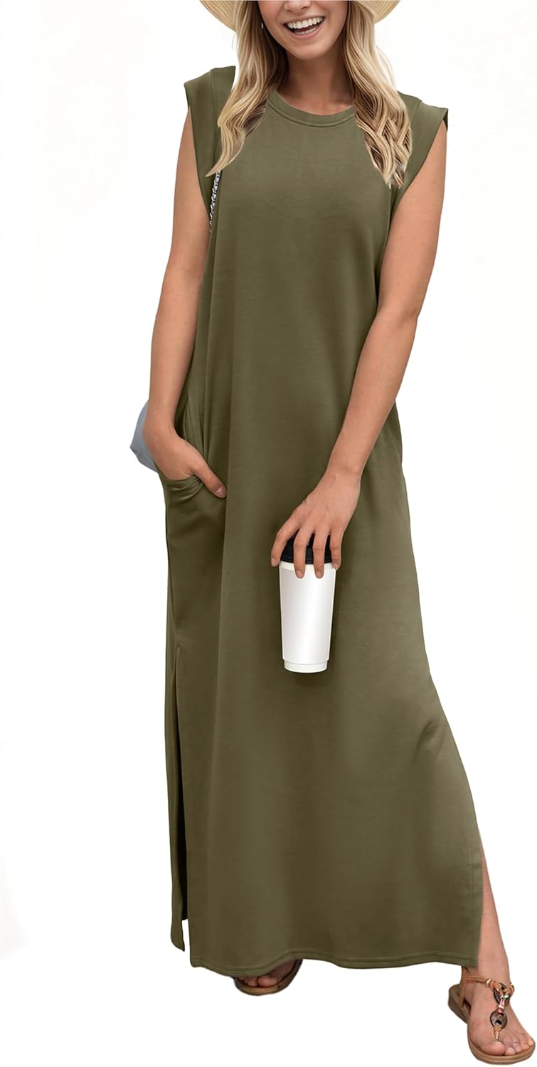 Coralie Women's Sleeveless Maxi Dress with Side Slit, Pockets & Wrinkle-Resistant Fabric