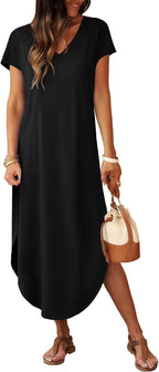 Mariselle Women's Cap Sleeve V-Neck Maxi Dress with Side Slits & Pockets