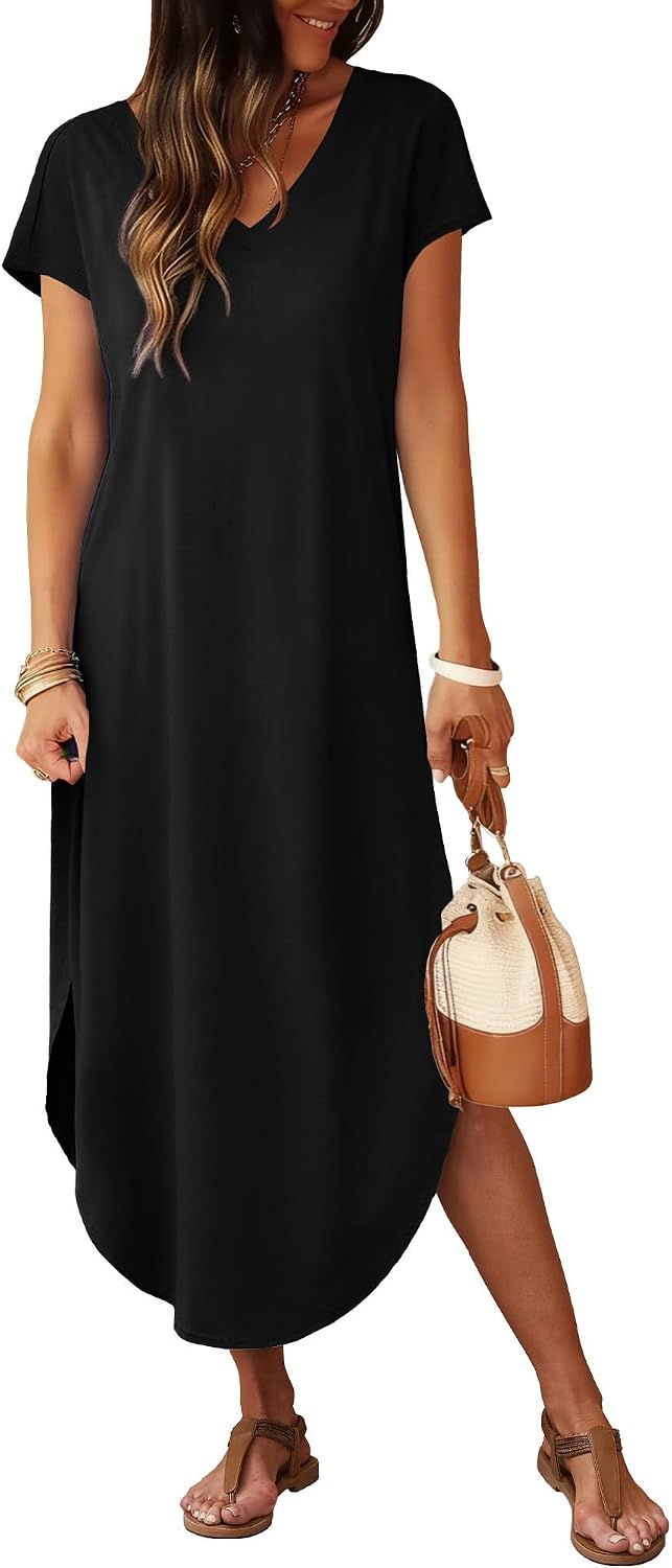 Mireya V-Neck Cap Sleeve Maxi Dress with Side Slits and Pockets for Everyday Summer Style