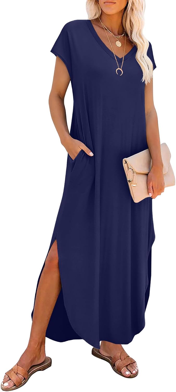 Mariselle Women's Cap Sleeve V-Neck Maxi Dress with Side Slits & Pockets