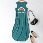 Celestia Women's Sleeveless Good Vibes Graphic Maxi Dress with Side Pockets