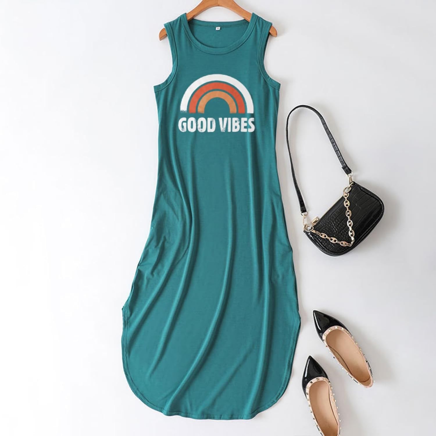 Celestia Women's Sleeveless Good Vibes Graphic Maxi Dress with Side Pockets