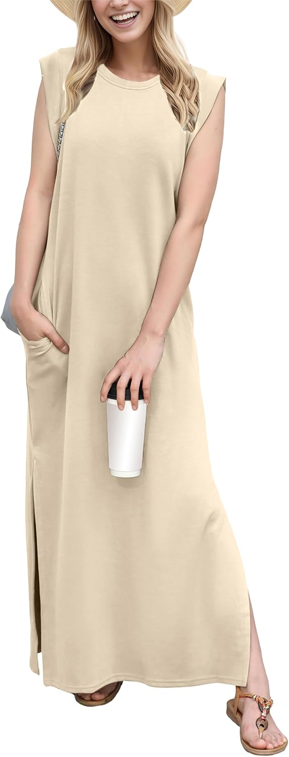 Coralie Women's Sleeveless Maxi Dress with Side Slit, Pockets & Wrinkle-Resistant Fabric