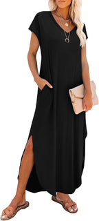 Mireya V-Neck Cap Sleeve Maxi Dress with Side Slits and Pockets for Everyday Summer Style