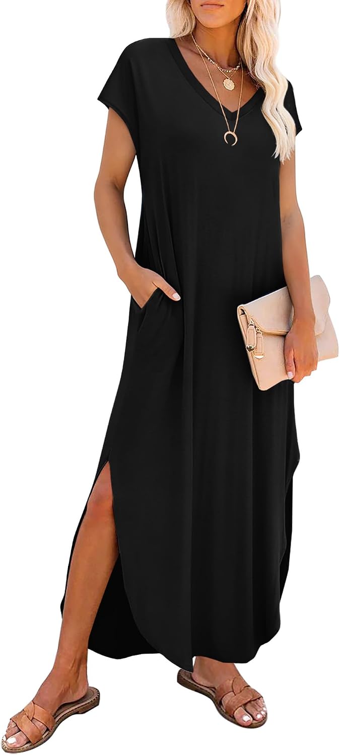 Mireya V-Neck Cap Sleeve Maxi Dress with Side Slits and Pockets for Everyday Summer Style