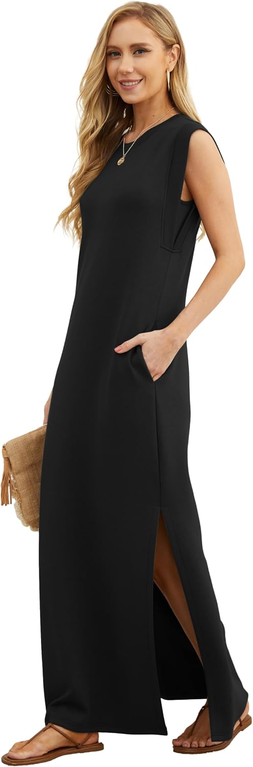 Coralie Women's Sleeveless Maxi Dress with Side Slit, Pockets & Wrinkle-Resistant Fabric