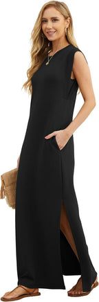 Sofia Sleeveless Maxi Dress – Crew Neck Side Slit Casual Dress with Pockets