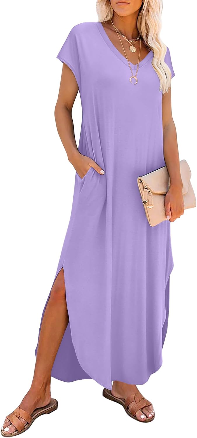 Mireya V-Neck Cap Sleeve Maxi Dress with Side Slits and Pockets for Everyday Summer Style