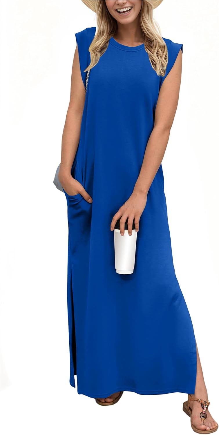 Sofia Sleeveless Maxi Dress – Crew Neck Side Slit Casual Dress with Pockets