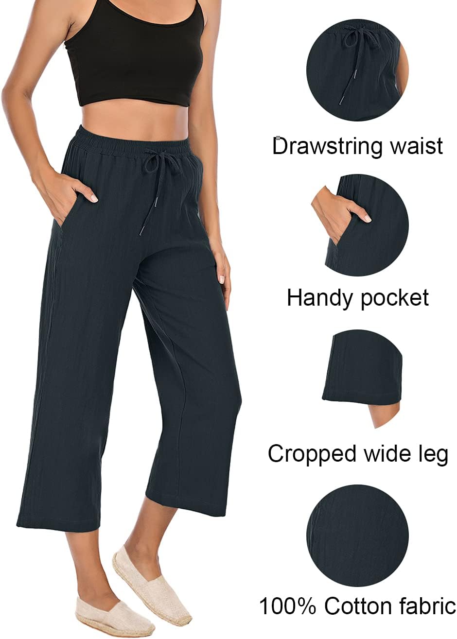 Danica Cotton Linen Blend Wide Leg Cropped Trousers with Drawstring Waist and Pockets