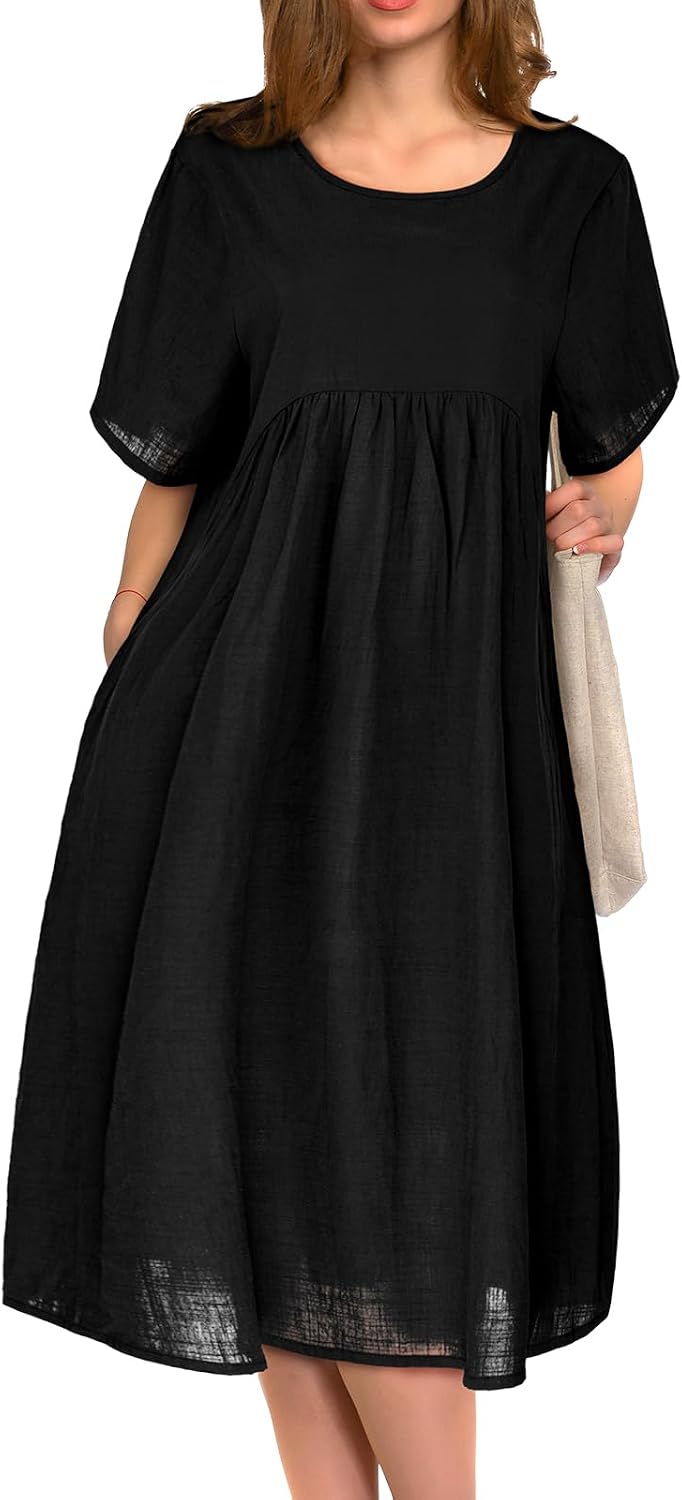 Seraphine Cotton Swing Dress – Short Sleeve Round Neck Midi Dress with Pockets