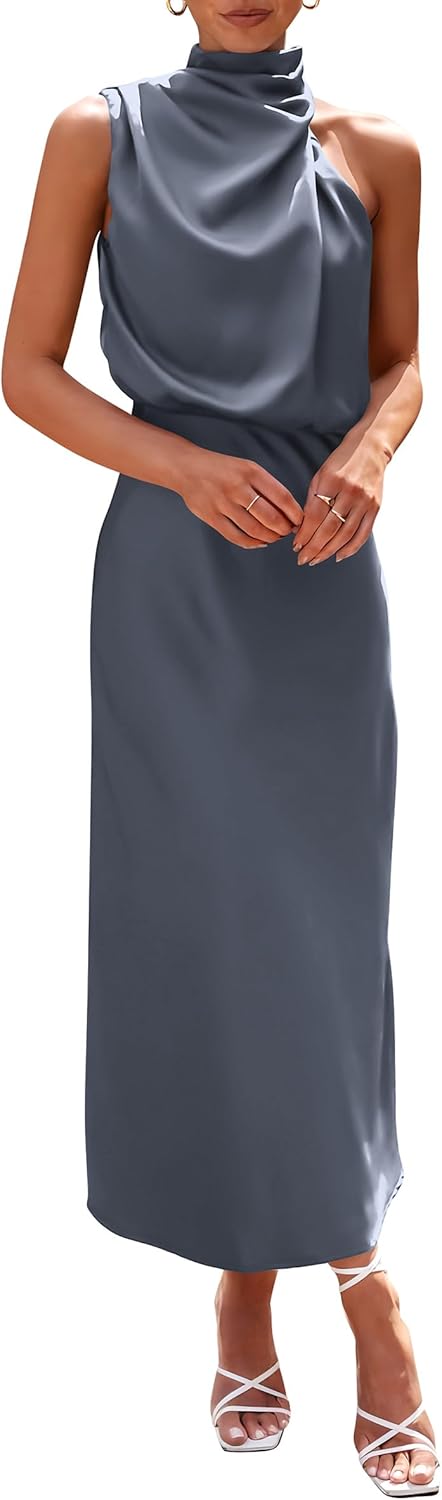Vivienne Women's Satin Mock Neck Maxi Dress with Asymmetrical Shoulder & Flowy Skirt