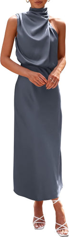 Vivienne Women's Satin Mock Neck Maxi Dress with Asymmetrical Shoulder & Flowy Skirt