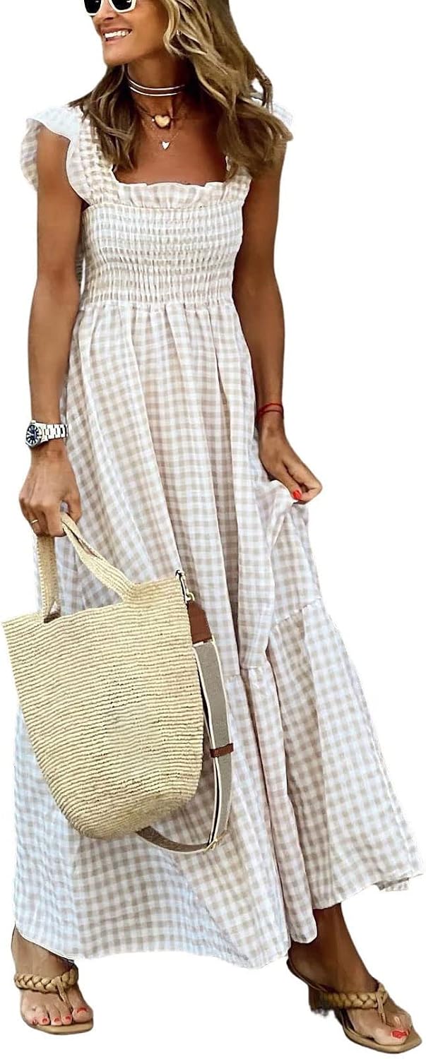 Genevieve Women's Plaid Smocked Midi Dress with Ruffle Straps, Square Neck & Pockets