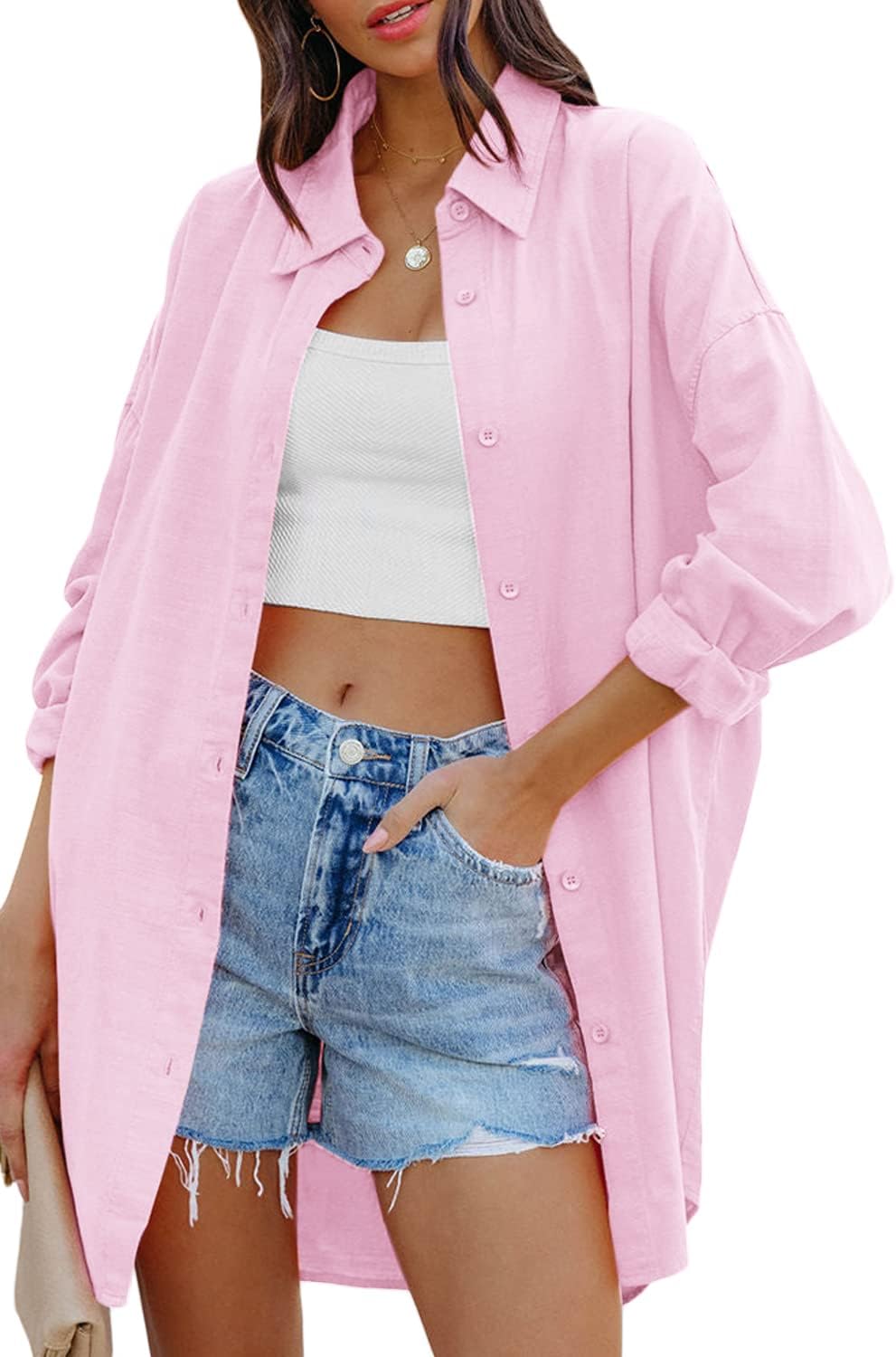 Jelai - Oversized Linen Blend Button-Down Blouse with Long Sleeves and Chest Pocket