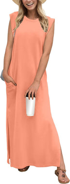 Coralie Women's Sleeveless Maxi Dress with Side Slit, Pockets & Wrinkle-Resistant Fabric
