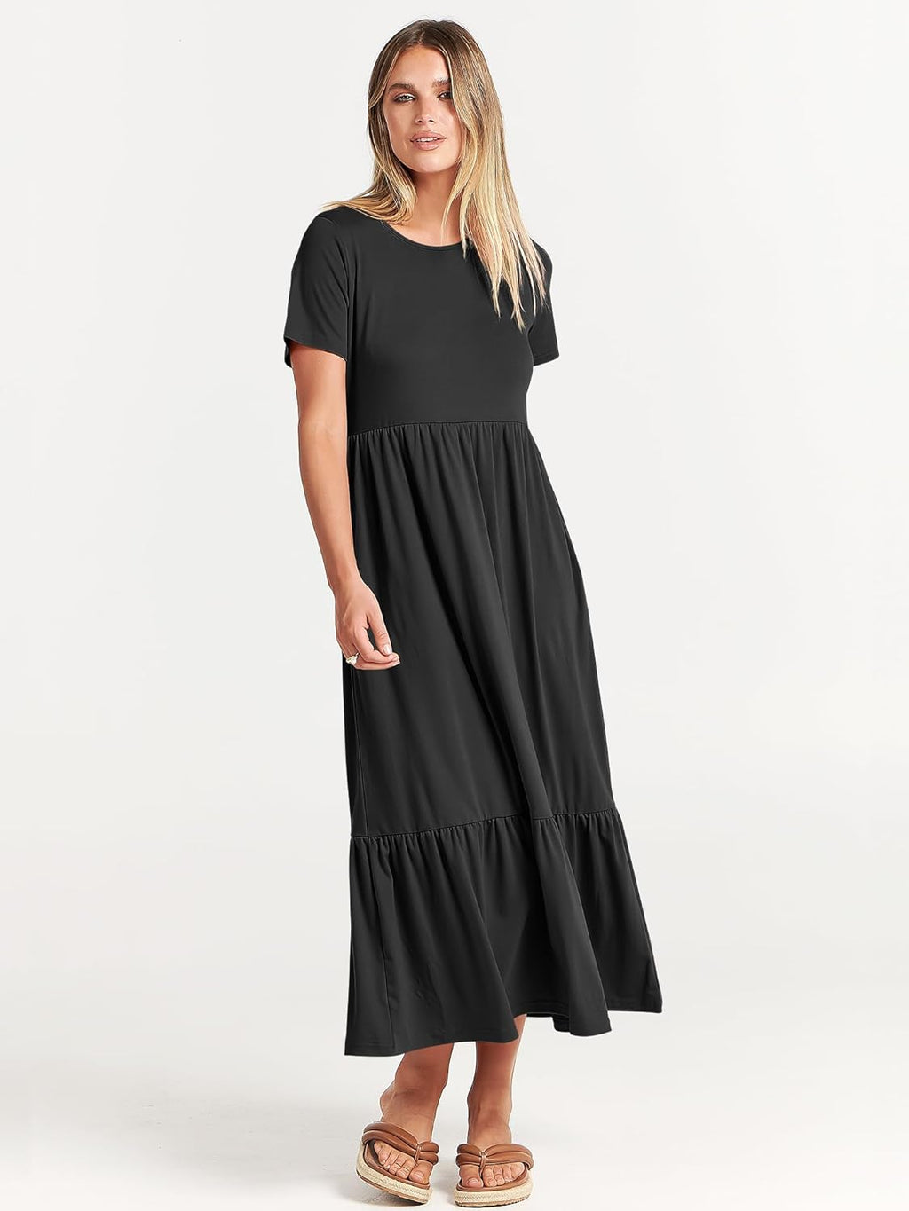 Brielle Women's Tiered Maxi Dress with Short Sleeves, Crew Neck & Side Pockets